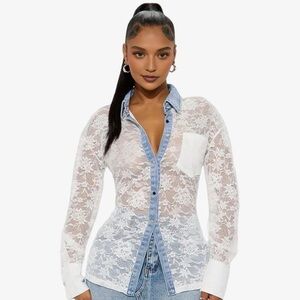 Fashion Nova White Sheer Lace Button-Down Shirt with Denim Trim